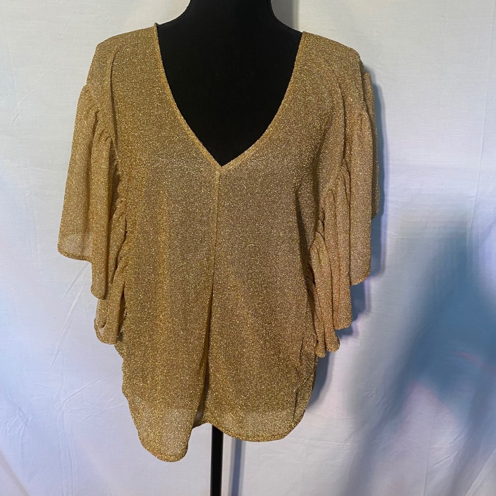 LUCE Gold Metallic Glitter Sheer Butterfly Sleeve V Neck Top XS‎ Made in Italy